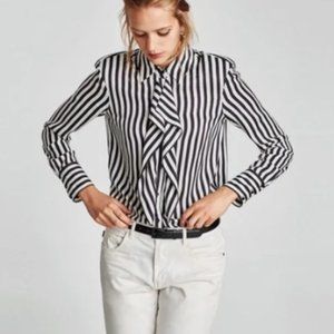 Zara Basic Collection Black and White Striped Ruffle front Blouse